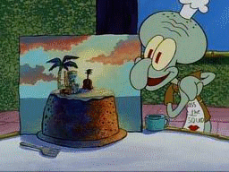 Voici Carlo le Calamar il a peint une peinture mais a l'interieur de la painture il n'est pas content comme d'habitude